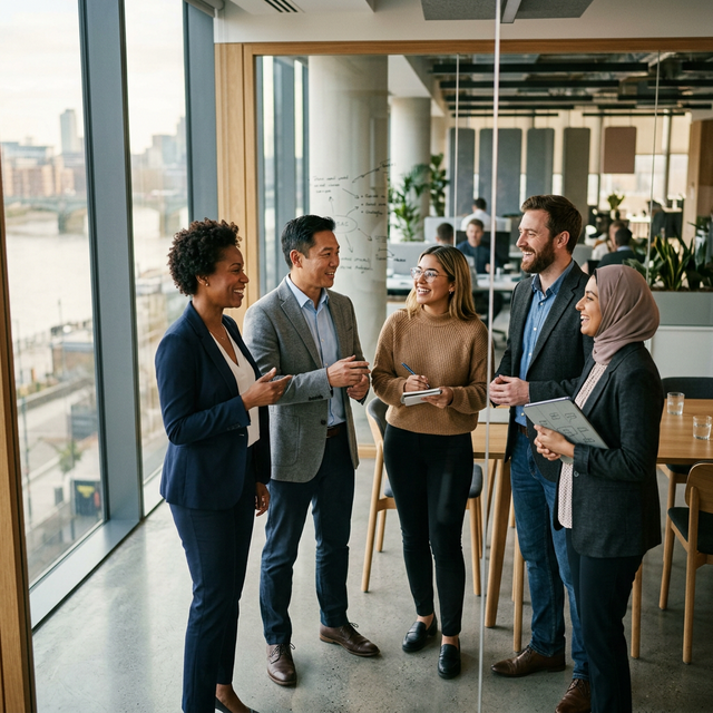 Ein diverses Team diskutiert engagiert während eines Workshops in einem modernen, hellen Büro.